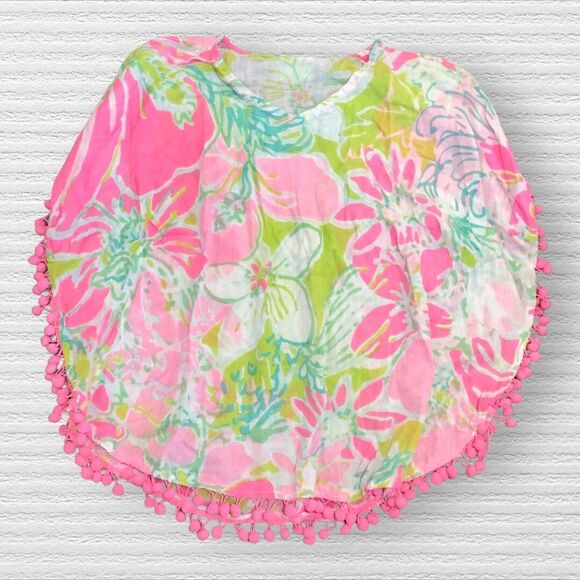 Classic Whimsy Girls Swim Cover Up Floral Pom Pom Pink Green Size 7/8 - Picture 2 of 5